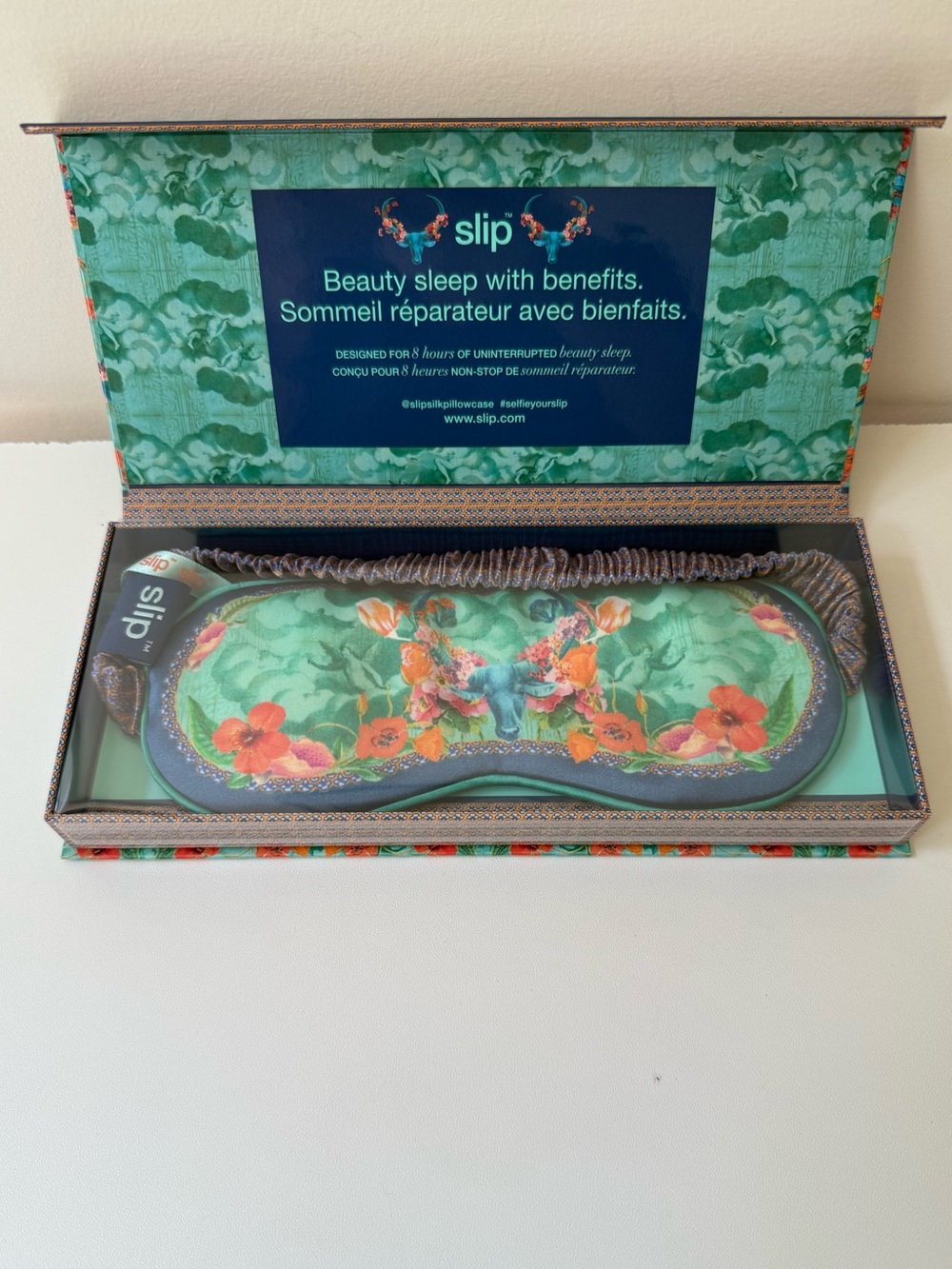 slip Floral Silk Sleep Mask in Green and Orange